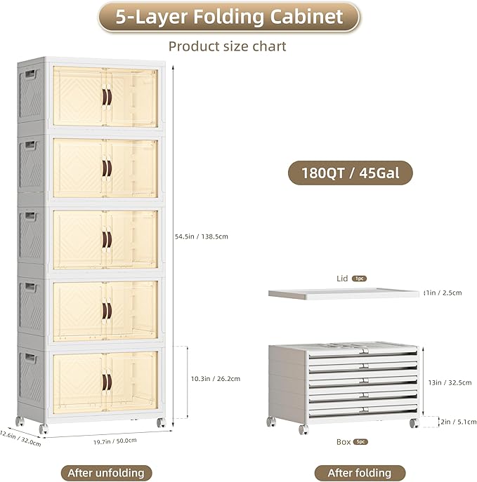 180 QT / 45 Gal Stackable Storage Bins (1 Lid) w/Wheels & Magnetic Doors, Collapsible Plastic Organizer Cabinet for Closet Office Garage - White Storage Containers