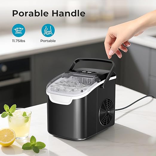 Countertop Ice Maker with Handle, 26.5lbs in 24Hrs with 2 Sizes, 8 Ice Cubes Ready in 6 Mins, Auto-Cleaning Small Portable Ice Maker with Basket and Scoop for Home/Office/Kitchen/Camping/RV, Black