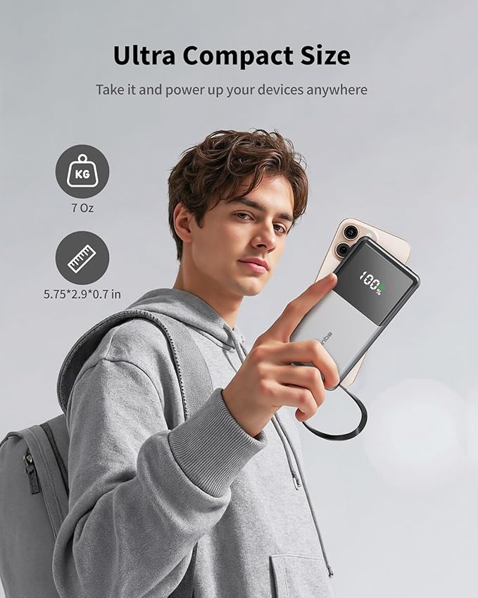 Portable Charger with Built in Cables 10000mAh, Power Bank for iPhone with Wall Plug, Travel Essential 22.5W USB C Fast Charging Compact Battery Pack for iPhone16/15/14, Samsung, iPad, etc