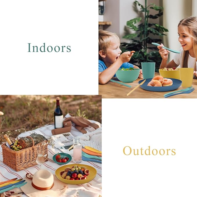 Wheat straw plates and bowls sets with cutlery - Unbreakable wheat straw dinnerware sets of 28 - Microwave safe plates,bowls,cups for camping,kitchen,new apartment.Colorful