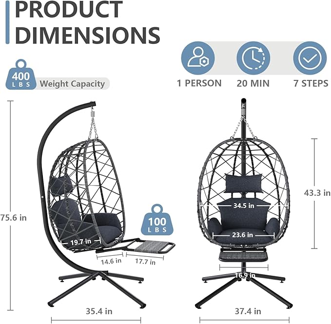 SWITTE Hanging Egg Chair with Stand, Outdoor Swing Egg Chair with Footrest, Patio Hammock Chair with Cushion for Garden Backyard-Dark Grey