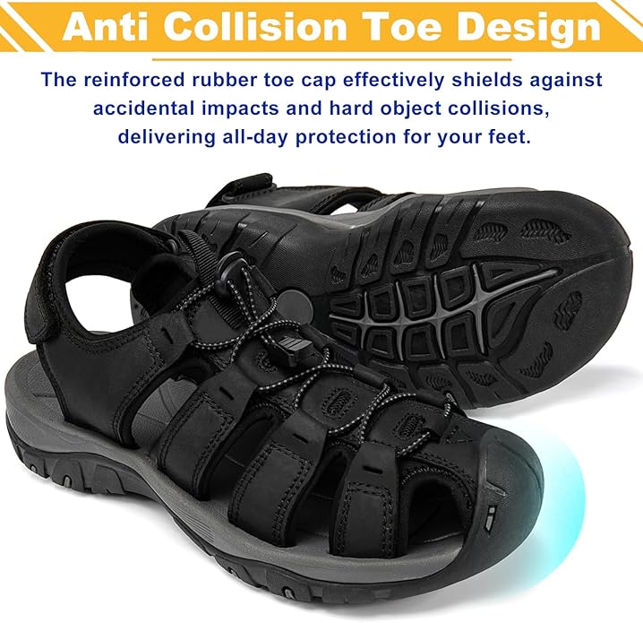 Men's Sport Sandals Closed Toe Leather Hiking Athletic Walking Outdoor Beach Trail River Fishing Water Shoes Lightweight Comfortable Waterproof