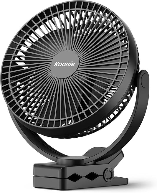 Koonie 10000mAh Clip on Fan Rechargeable, 8-Inch Battery Operated Desk Fan, USB Fan, 4 Speeds, Strong Airflow, Sturdy Clamp for Golf Cart Office Desk Outdoor Travel Camping Tent Gym Treadmill,Black