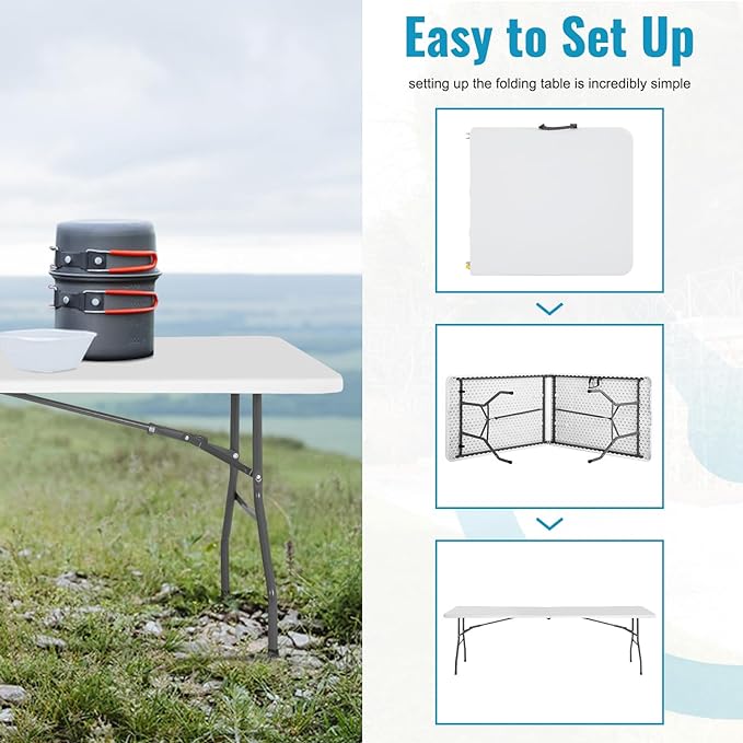 PayLessHere | 8FT Folding Table | Portable Plastic Table with Carry Handle | Waterproof & Foldable Table Design | Steel Frame with Lock | White | for Events, Camping, Indoor & Outdoor Use