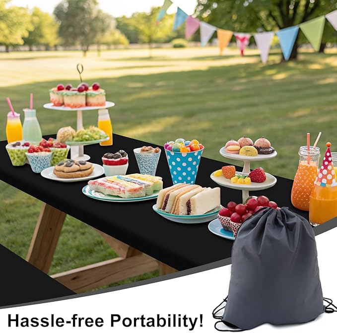 Smiry Picnic Table Cover with Bench Covers, Waterproof Elastic Fitted Polyester Tablecloths for 6 Ft Rectangle Tables, Washable Windproof Tablecloth for Camping, RV & Outdoor (Black, 30x72 Inches)