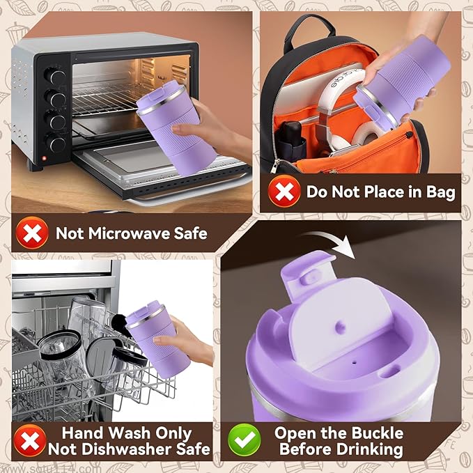 12OZ Travel Coffee Mug Insulated Coffee Cup with Spill Leak Proof Lid, Portable Stainless Steel Tumbler Reusable Hot and Cold Water Mug for Car, Daily, Camping- Purple