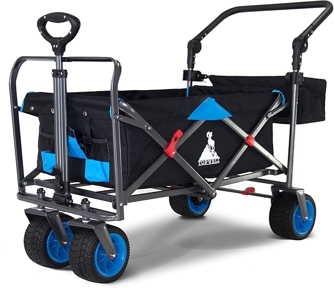 Folding Utility Wagon | Heavy-Duty Collapsible Cart with Brakes & Adjustable Handle | for Gardening, Beach Trips, Camping, Shopping & Outdoor Transport (Black Blue)