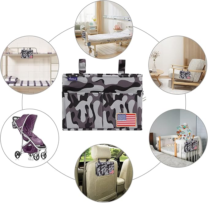 Surblue Bedside Caddy Hanging Bed Organizer Storage Bag Pocket for Bunk and Hospital Beds, College Dorm Rooms Baby Bed Rails, Wheelchair Side Bag, Camp Chiars, 4 Pockets and 2 Hooks (Small City)