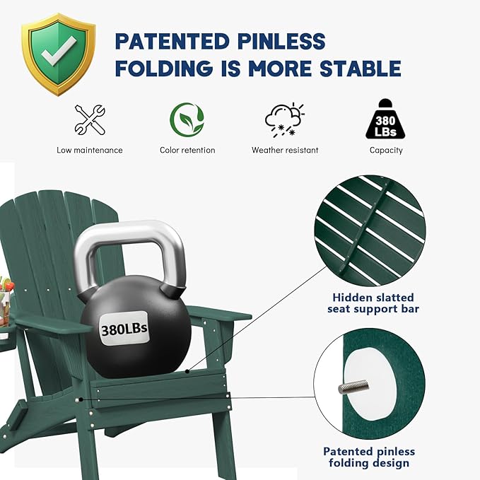 Folding Adirondack Chair, SGS Tested, Wooden Textured with Cup Holder, Heavy All-Weather HDPE Comfortable Set Poolside Backyard Lawn Green