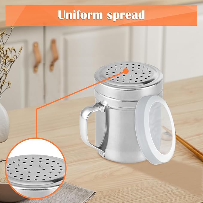 2Pcs Metal Salt Pepper Dredge Shakers, Stainless Steel Pepper Shaker Seasoning Jar With Handle, With Hole And Cover, Suitable For Pepper, Cinnamon And Coffee Spice Jars (Medium-10OZ)