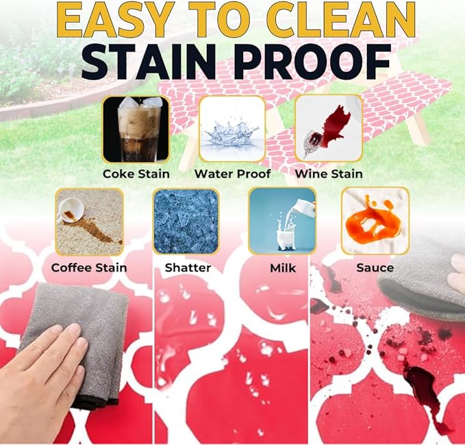 RNOONY 8ft Vinyl Picnic Table Cover with Bench Covers,3PCS Tablecloth with Moroccan Design, Camping Tablecloth and Travel Accessories, Flannel Backing with Elastic Edges,96x30 Inches (Red Moroccan)