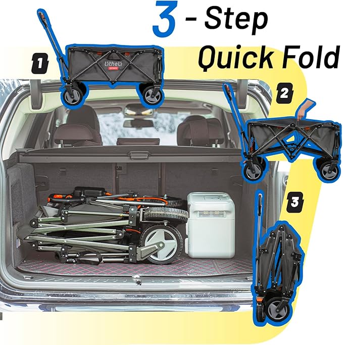 Litheli Electric Utility Wagon Cart, 200L Capacity, 300 lbs Load, Foldable Heavy-Duty Design with All-Terrain Wheels, Variable Speed Drive & Battery Power for Camping, Beach, Garden & Shopping