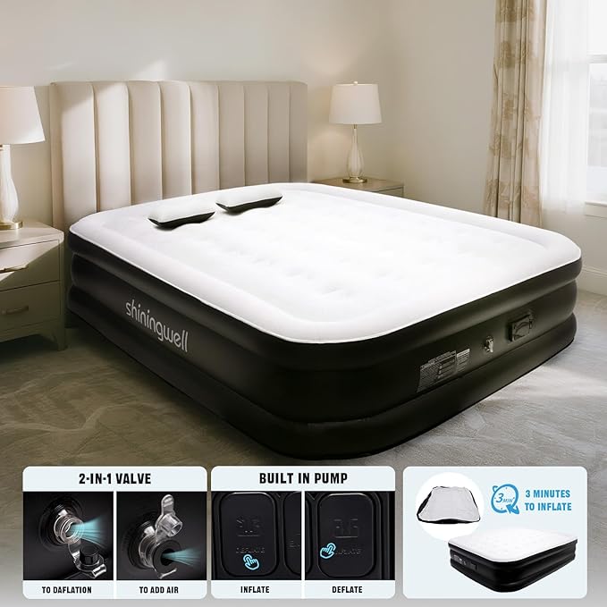 Queen Air Mattress with Portable Air Pump (2000mA) and 2 Inflatable Pillows, 19" High Self-Inflation Inflatable Mattress, Comfortable Blow up Mattress, Air Bed for Camping, Home and Guest