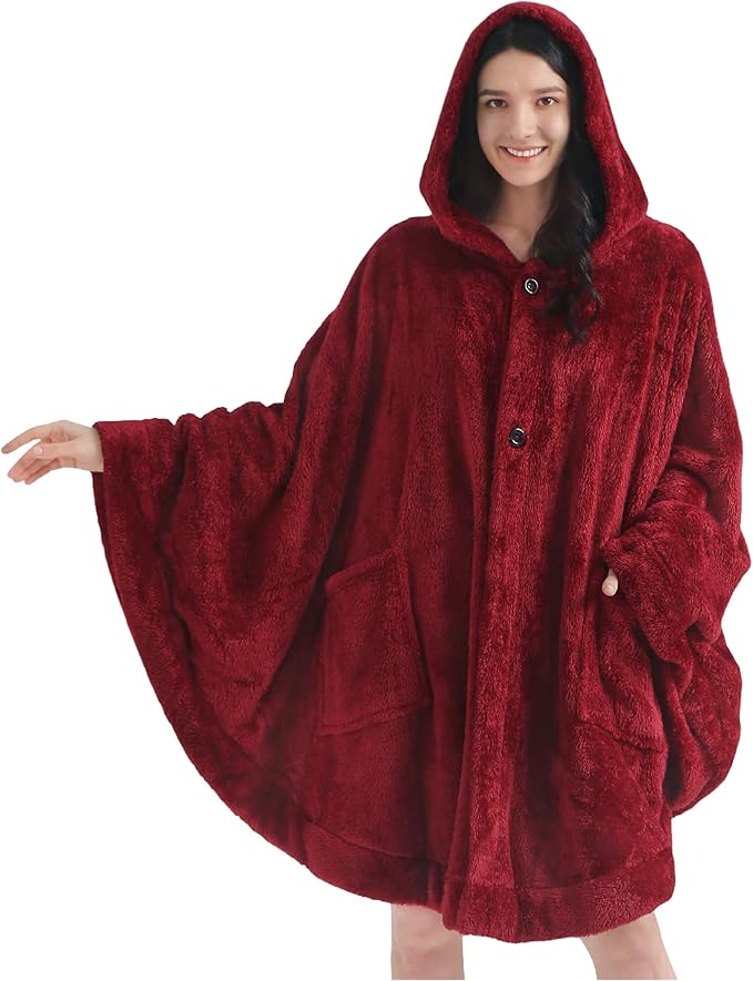 PAVILIA Angel Wrap Hooded Blanket Poncho, Wearable Blanket Throw Wrap Poncho for Women Adult, Cozy Fluffy Sherpa Fleece Shawl Cape with Hood pockets, Warm Gift for Mom Wife, Wine Red