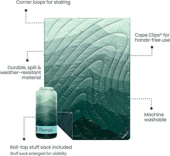 Rumpl Original Puffy Blanket - Warm, Water-Resistant Camping Blanket with 100% Recycled Synthetic Insulation, 52"x75", Original Puffy V2, Cascade Fade - Green