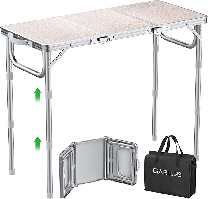 GARLLEN Folding Table for Camping, 3-Adjustable Height Lightweight Folding Picnic Table with Storage Bag, Portable Aluminum Outdoor Table for Outside, Camping, BBQ, 34.2" L x 15.7" W
