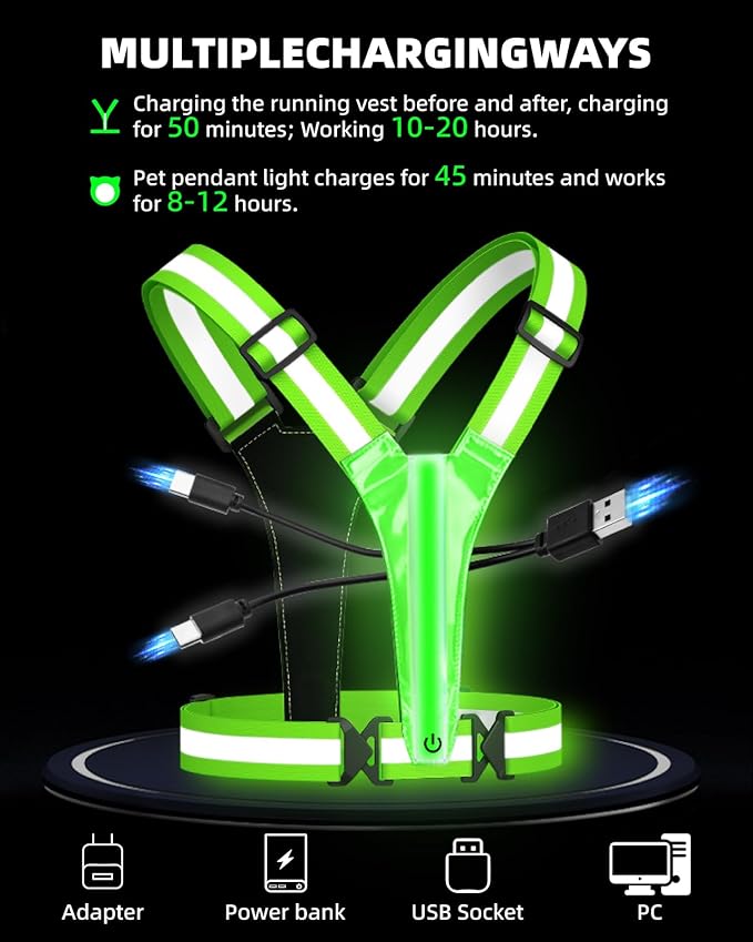 LED Reflective Vest Safety Gear, High Visibility Reflective Running Gear for Dog Walking Running Cycling, Adjustable for Men Women Kids - Reflective Armband and Dog Light with USB Rechargeable