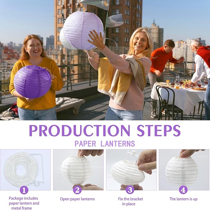 15pcs Paper Lanterns Lavender Purple White Round Hanging Chinese Paper Lanterns 4" 6" 8" 10" 12" for Bachelorette Engagement Wedding Baby Bridal Purple Birthday Decorations