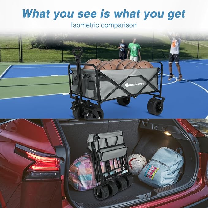 Yesker Foldable Wagon - 300lbs Collapsible Garden Carts with All Terrain Wheels for Outdoor Camping Sports Shopping Gardening - Heavy Duty Portable Utility Trolley (Gray)