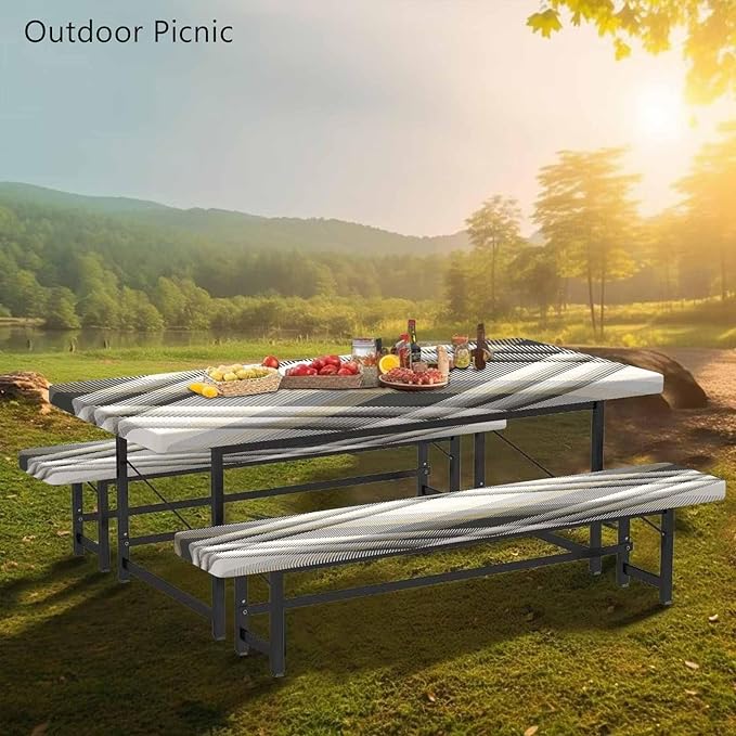 CAPSCEOLL Picnic Table Cover with Bench Covers Farm Plaid Waterproof Camping Tablecloth All-Weather Outdoor Table Protector with Drawstring Bag for Camping Essentials, 72X30in, Grey White