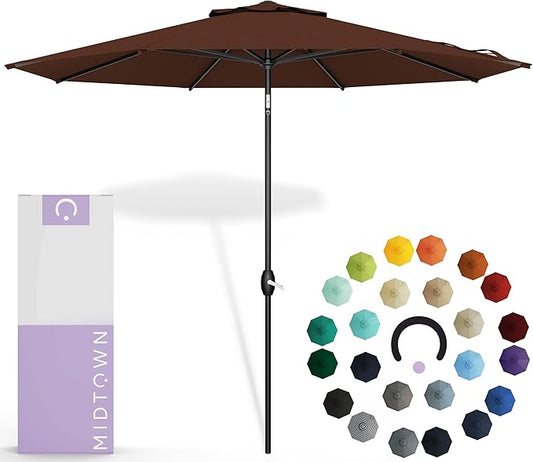 Midtown Umbrellas Sunbrella Umbrella 9 Feet Outdoor Umbrella With Sunbrella Bay Brown Acrylic Fabric - Auto-Tilt Aluminum Frame Patio Umbrella For Backyard, Deck, Garden, Pool - Black Pole