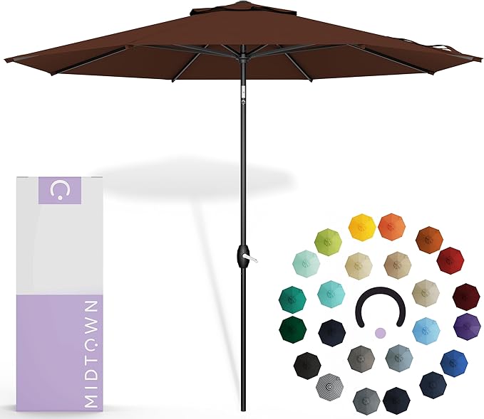 Midtown Umbrellas Sunbrella Umbrella 8 Feet Outdoor Umbrella With Sunbrella Bay Brown Acrylic Fabric - Auto-Tilt Aluminum Frame Patio Umbrella For Backyard, Deck, Garden, Pool - Black Pole