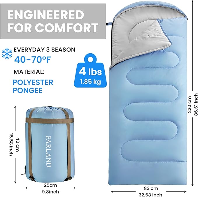 FARLAND Sleeping Bags 30℉ for Adults Teens Kids with Compression Sack Portable and Lightweight for 3-4 Season Camping, Hiking,Waterproof, Backpacking and Outdoors