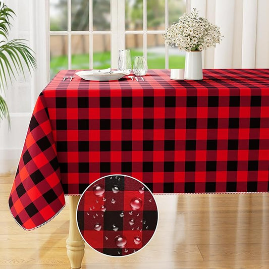 misaya Rectangle Waterproof Vinyl Table Cloth, Buffalo Flannel Backed Tablecloth, Wipeable Plastic Table Cover for Dinner, Kitchen, Picnic (54" x 120", Red and Black)