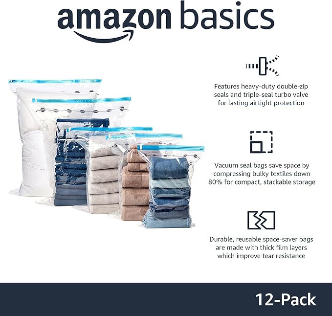 Amazon Basics Vacuum Compression Space Saving Storage Bags with Hand Pump for Travel, Multiple Sizes for Clothes and Blankets, Clear, 12 Pack (3 Small, 3 Medium, 3 Large & 3 Jumbo)