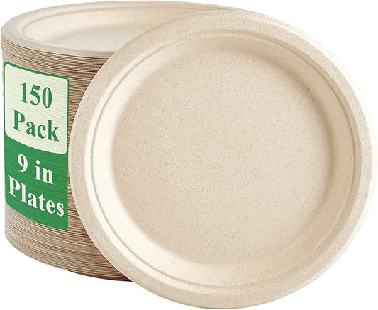 Vplus 150 Pack Paper Plates 9 inch 100% Compostable, Heavy-Duty Disposable Paper Plates Bagasse Natural Biodegradable Eco-Friendly Sugarcane