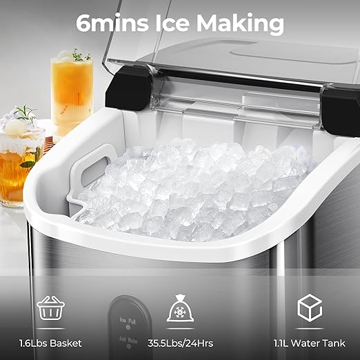Nugget Ice Maker Countertop, 35.5Lbs/24Hrs Chewable Sonic Ice Machine with Self-Cleaning, Handle, Water Tank, Quiet Operation & Portable Pellet Ice Maker for Home, Office, Kitchen, Bar, Silver