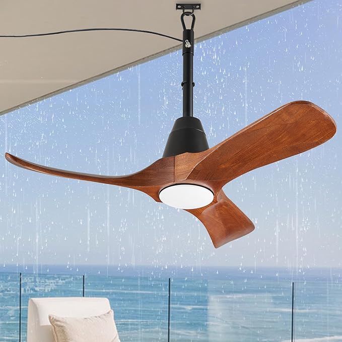 3 Blades Wood Outdoor Ceiling Fan with Light for Patios, Farmhouse Rustic Ceiling Fans with Lights, 34" Plug-in Wet Rated Outdoor Gazebo Fan for Exterior House Porch Patio, Waterproof,F246