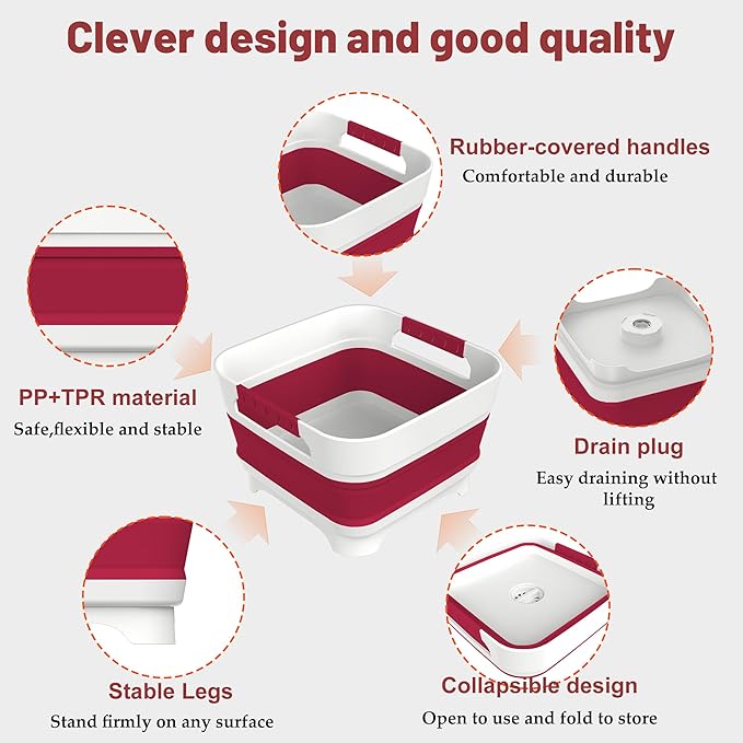 2.4 Gal Collapsbile Wash Basin with Drian Plug,9L Dish Pan for Soaking Baby Bottles,Portable Sink, Multiuse Foldable Bucket,Ice Beverage Tubs for Camping, Vegetable Washing, RV (Viva Magenta)