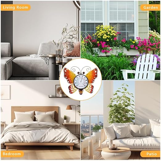 Outdoor Thermometer, Metal Indoor Thermometer, Yellow Butterfly Wall Thermometer No Need Battery for Patio Home Room Decor