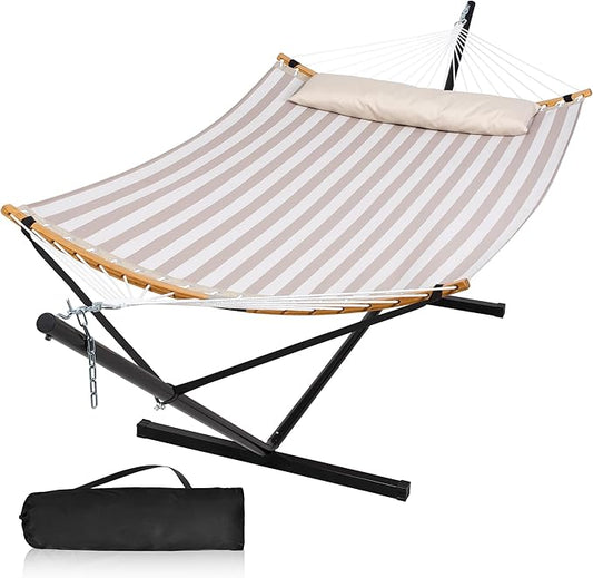 2 Person Hammock with Stand Included, Outdoor Quick Dry Hammock with Curved Spreader Bars, Pillow and Carrying Bag, 450 Lbs Capacity, Light Brown Stripe