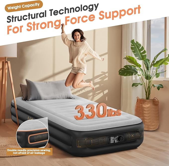 Twin Air Mattress with Built in Pump,Inflatable Mattress 2 Mins Self-Inflation/Deflation,Thicker Blow up Mattress Leak-Proof,Flocked Top Air Bed with Storage Bag for Home, Camping & Guests