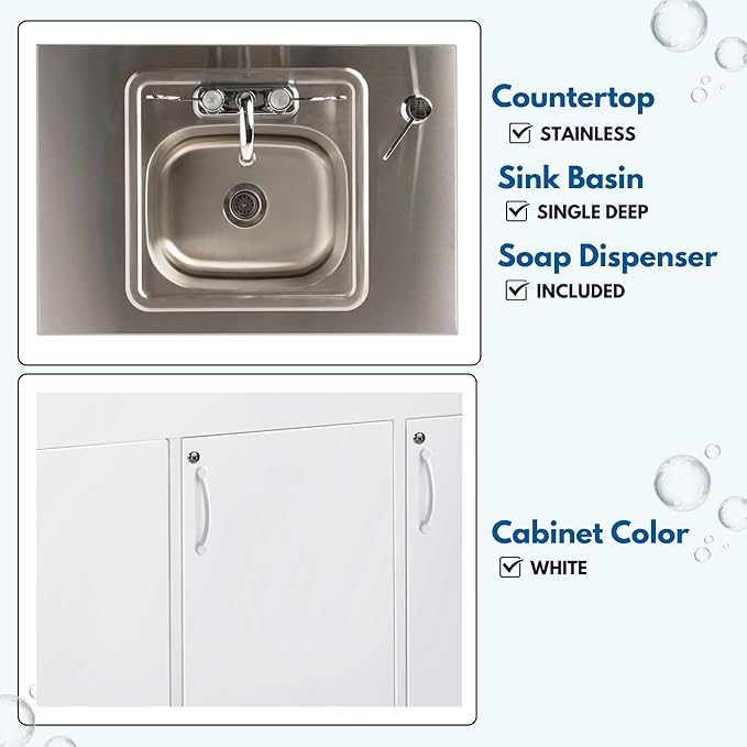 Ozark River Portable Sinks, Advantage S1D, White Laminate Cabinet-Stainless Countertop, Hot Water Hand Washing Station with Countertop & Storage Space, Self Contained Sink, Portable Hand Washing Sink