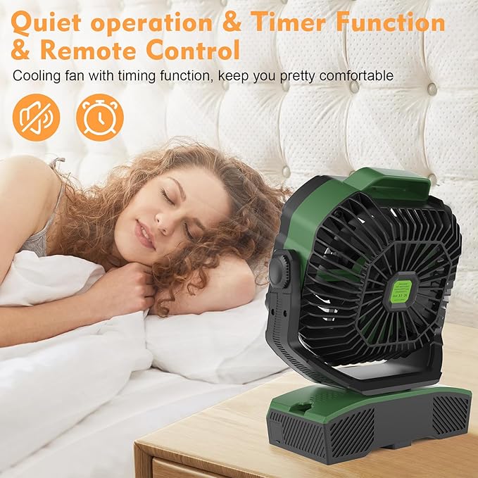 RUNTOP 20000mAh Oscillation Camping Fan, Rechargeable Fan with RGB, Remote, Battery Operated Outdoor Tent Fans w/Hanging Hook, Personal USB Desk Fans for Camping, Jobsite (Green)