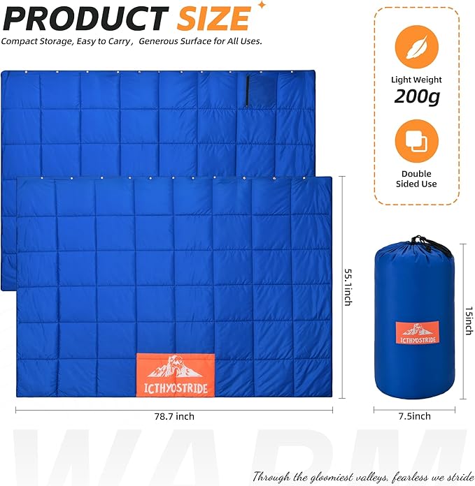 Puffy Camping Blanket with Detachable Hooded Snap-Poncho Waterproof Double-Sided Printed Reversible for Travel, Hike Cold Weather, Navy