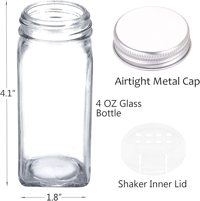 SWOMMOLY Spice Rack Organizer with 36 Empty Square Spice Jars, 396 Spice Labels with Chalk Marker and Funnel Complete Set, for Countertop, Cabinet or Wall Mount,Silver