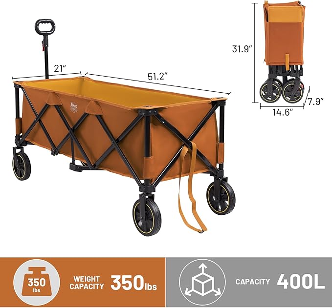 TIMBER RIDGE 51.2'' Extended Collapsible Wagon Cart with Brakes and Cargo Net, 350LBS Heavy Duty Foldable Utility Wagon with Adjustable Handle, 400L Capacity Portable Cart for Camping Sports Shopping