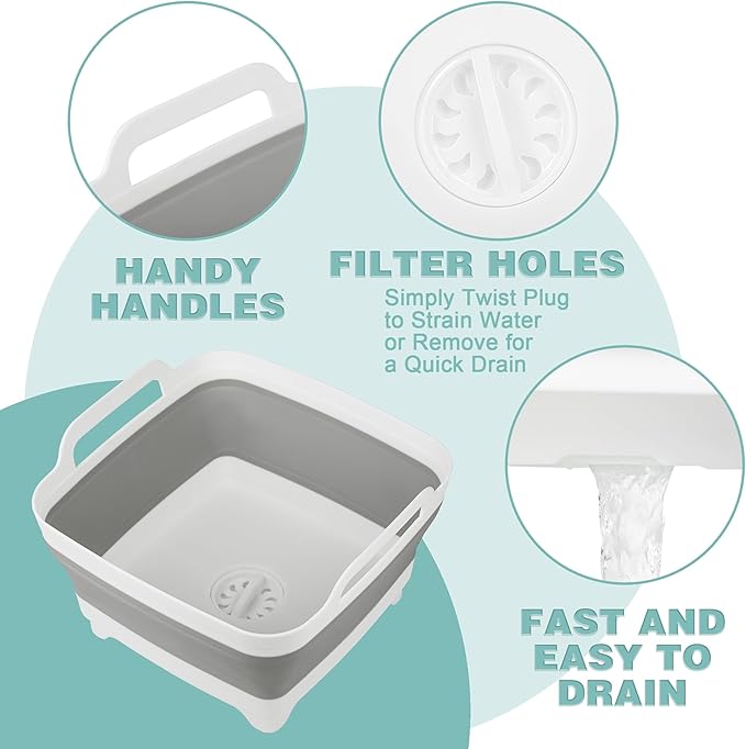 2 Pack Dishpan for Washing Dishes, 2.4Gal/9L Wash Basin with Draining Plug Carry Handles, Collapsible Bucket for Cleaning, Portable Sink, Foldable Plastic Tub