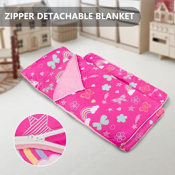 Primlect Toddler Nap Mat Extra Large Thickened 55''x35'', Soft Sleeping Bag with Detachable Minky Blanket and Pillow, Portable for Daycare, Preschool, Kindergarten, Travel, Boys and Girls