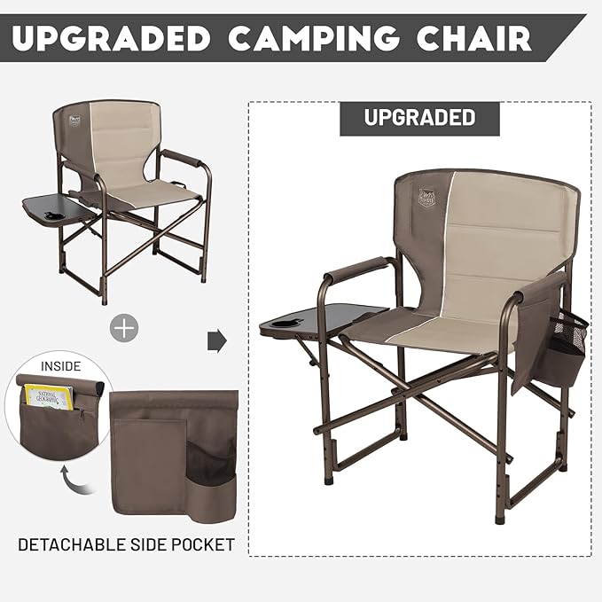 TIMBER RIDGE Aluminum Oversized Camping Chair, Lightweight Portable Directors Chair with Side Table Detachable Side Pocket for Outdoor Camping, Lawn, Picnic, Support 400lbs Tan