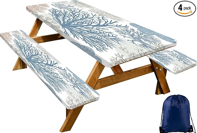 CAPSCEOLL Fitted Picnic Table Cover with Bench Covers with Elastic 6Ft Waterproof Camping Picnic Table Cover Cloths for Outdoors Camping Tablecloth with Drawstring Bag, 72X30in, Blue Sea