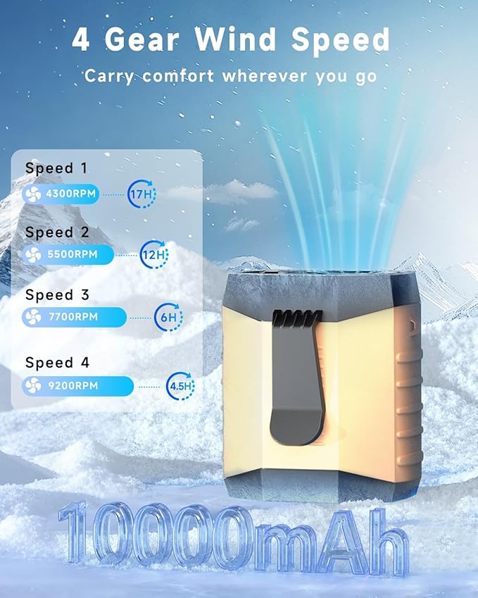 2025 Smart Portable Rechargeable Fan with LED Light & 25H Runtime, 4-Speed 9200RPM Turbo Cooling Personal Waist Fan, Wearable Neck & Belt Clip for Camping, Outdoor, Hiking - Khaki