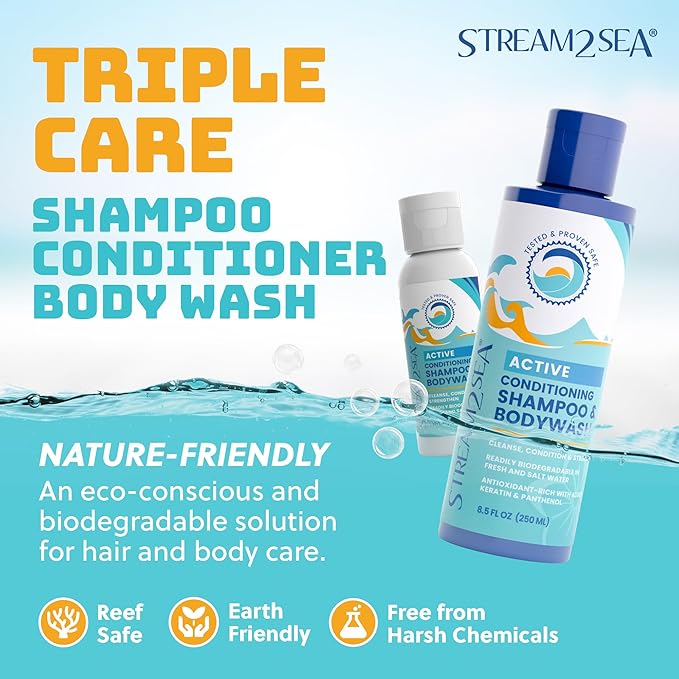 Non Toxic Shampoo and Conditioner, Body Wash 3 in 1 for Swim - Reef Safe Swimmers Shampoo for Men, Women or Kids - All Natural Organic Shampoo and Conditioner Set with Biodegradable Soap for Camping