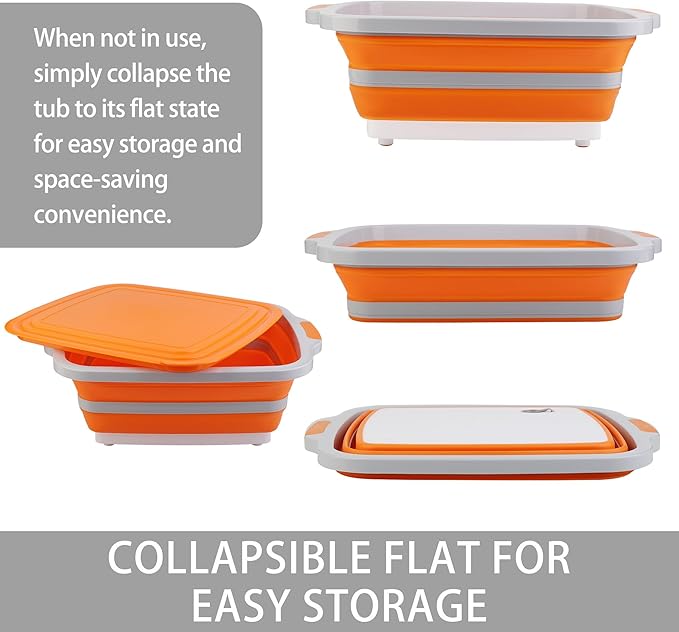 Tiawudi Large Collapsible BBQ Prep Tub with Lid(4.22 Gal/16L), Foldable Camping Sink with Colander, Cutting Board, Dish Basin for Kitchen, Bowl, Vegetable and Fruit, Storage Basket for Picnic