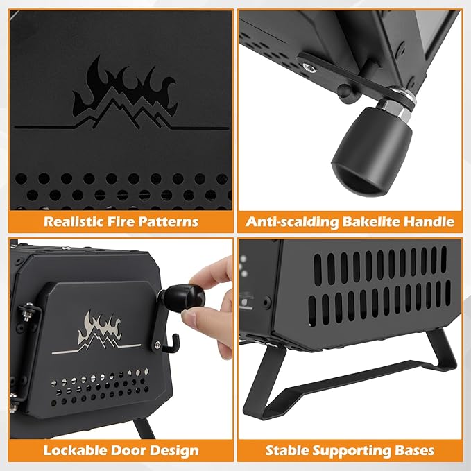 Camping Wood Stove, Portable Wood Burning Stove wtih X-shaped Pot Holder, Glass-Ceramic Window & Carbon Bridge, Tabletop Fire Pit Stove for Outdoor Cooking, Heating, Hunting & Ice Fishing