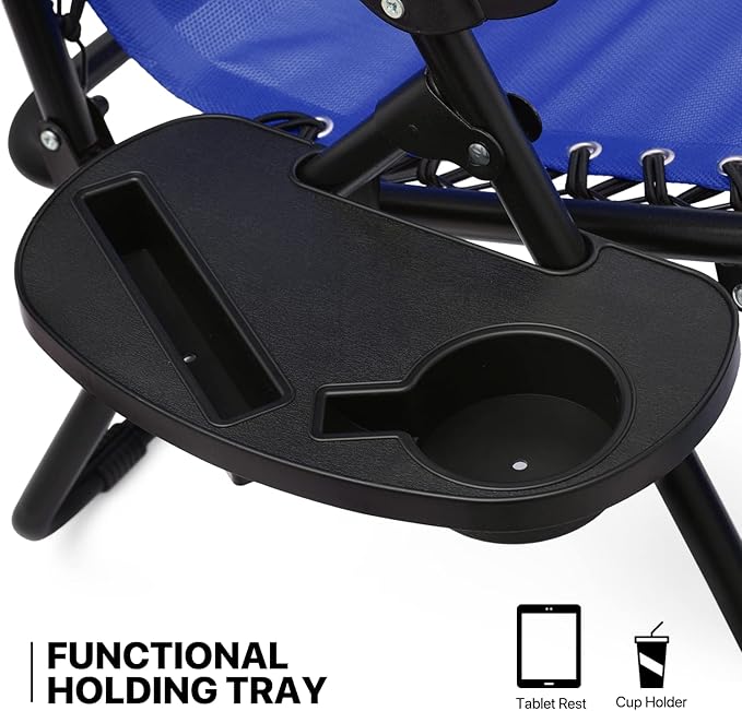 MoNiBloom 3 Pack Lounge Beach Chairs for Outside, Zero Gravity Camping Chairs with Side Table, Pillow and Tray, 330lbs Capacity, Blue